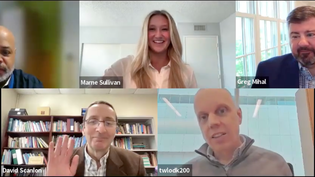 Screenshot of a video call with five people in separate frames. Three men and two women appear, with some waving or smiling. Names are displayed: Mame Sullivan, Greg Mihal, David Scanlon, and twlodk200.